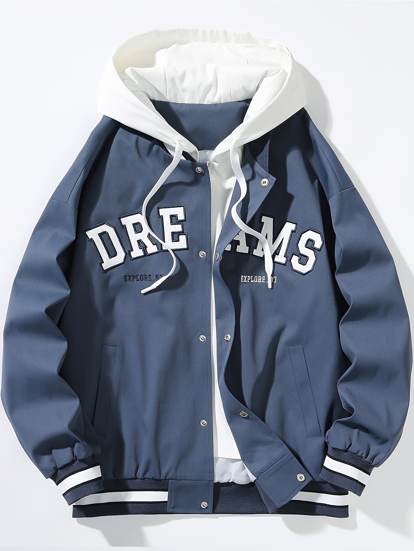 Veste universitaire bicolore blanche et marron pour homme avec capuche et inscription "DREAMS"