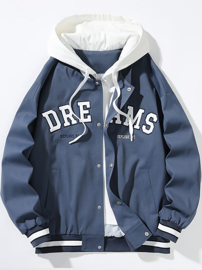 Veste universitaire bicolore blanche et marron pour homme avec capuche et inscription "DREAMS"