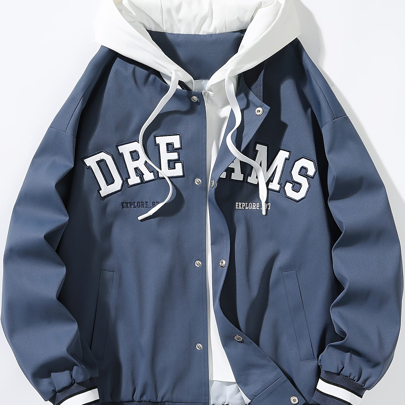 Veste universitaire bicolore blanche et marron pour homme avec capuche et inscription "DREAMS"