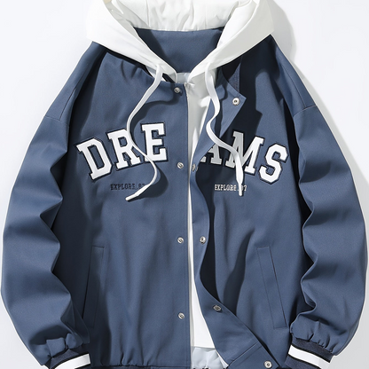 Veste universitaire bicolore blanche et marron pour homme avec capuche et inscription "DREAMS"