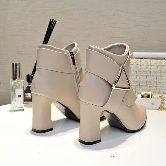 Bottines femme à talons épais, bout pointu, avec boucle décorative et fermeture éclair latérale