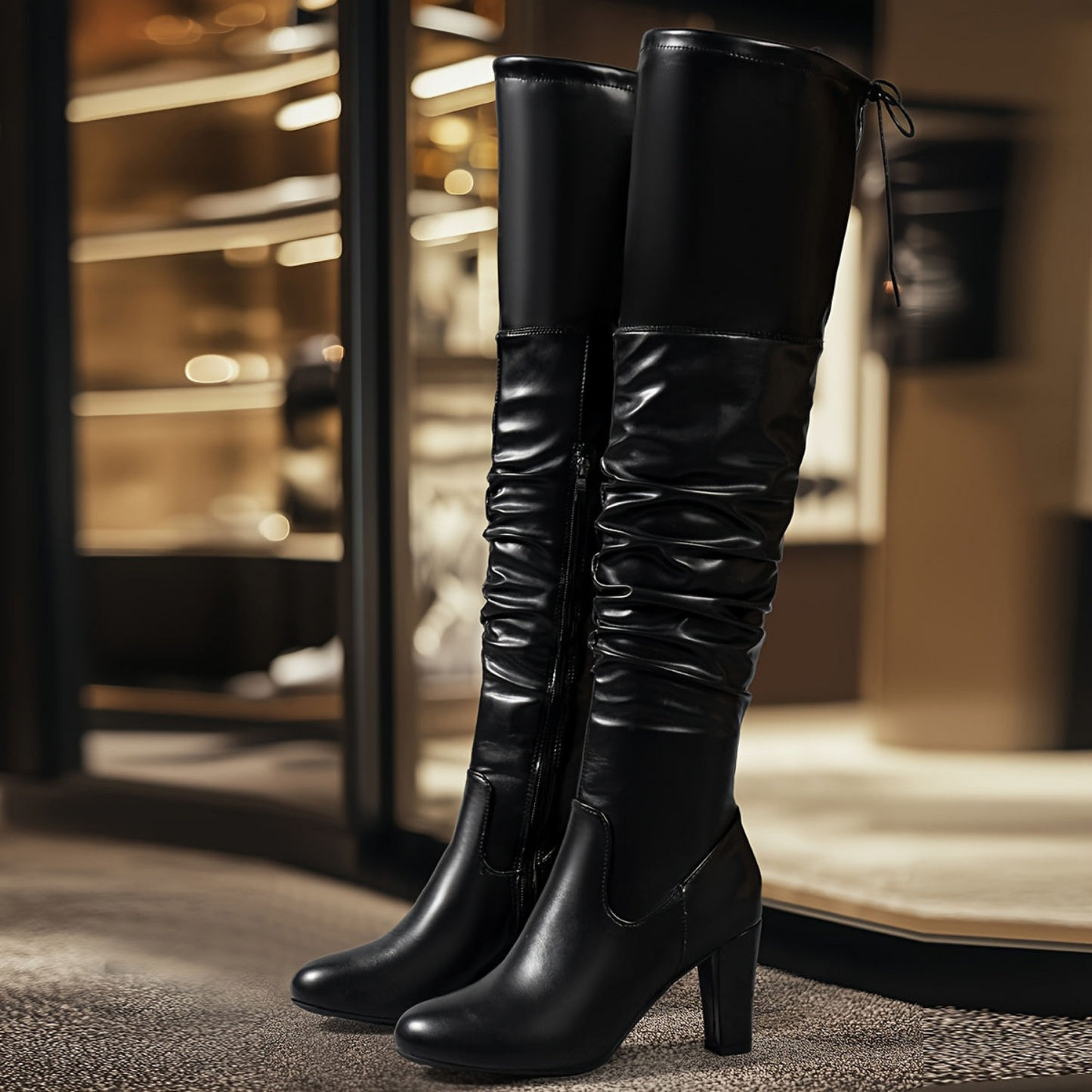 Bottes Noires Montantes Femme à Talon Carré et Effet Plissé
