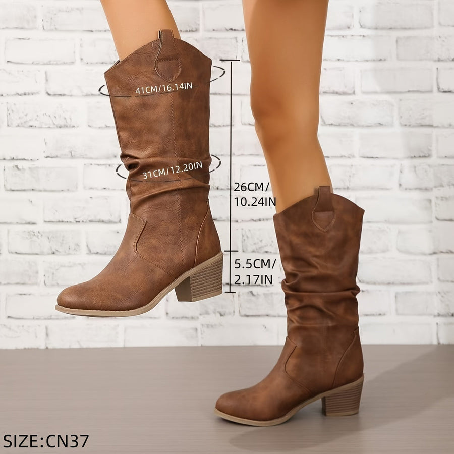 Light brown slouchy distressed-effect boots with block heel