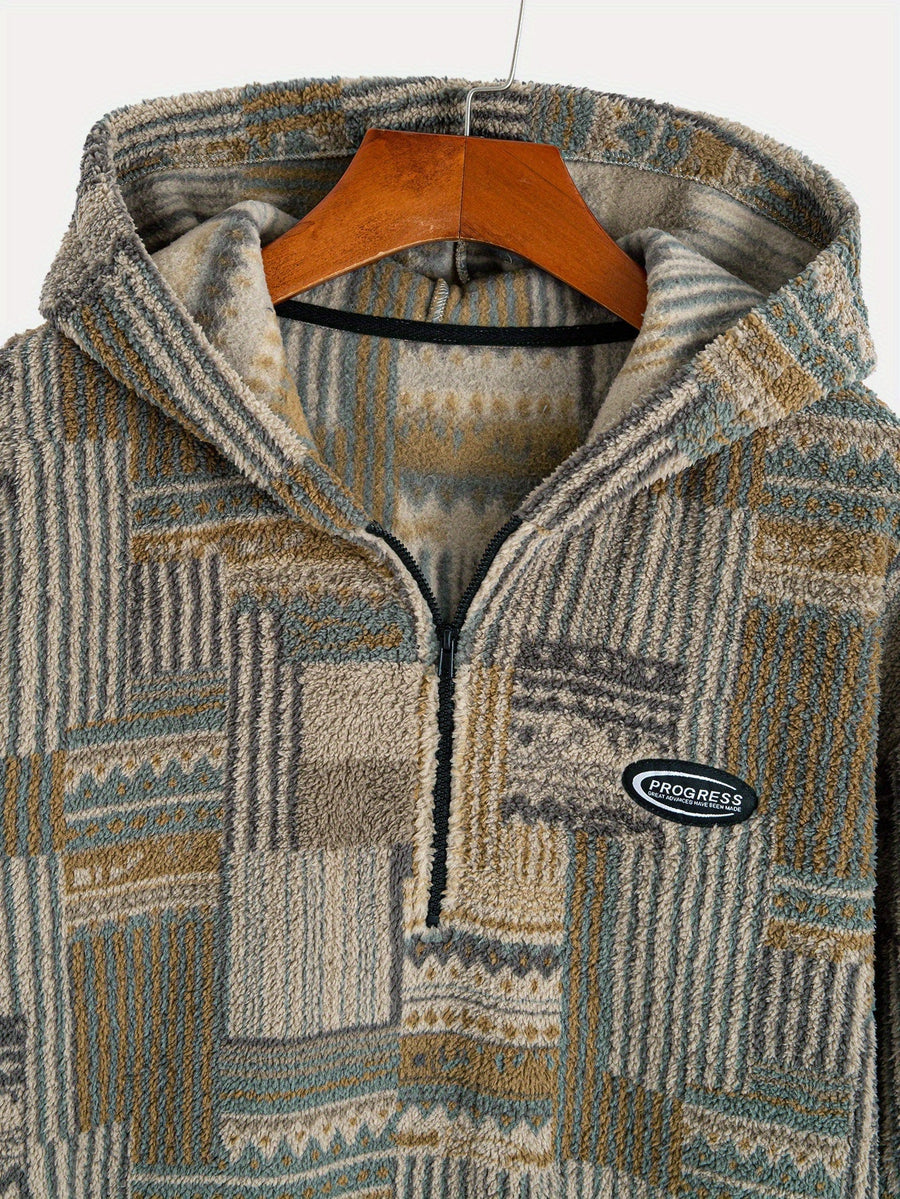 Sweat à Capuche Homme Motif Patchwork Imprimé Ethnique Demi-Zip Polaire Hiver