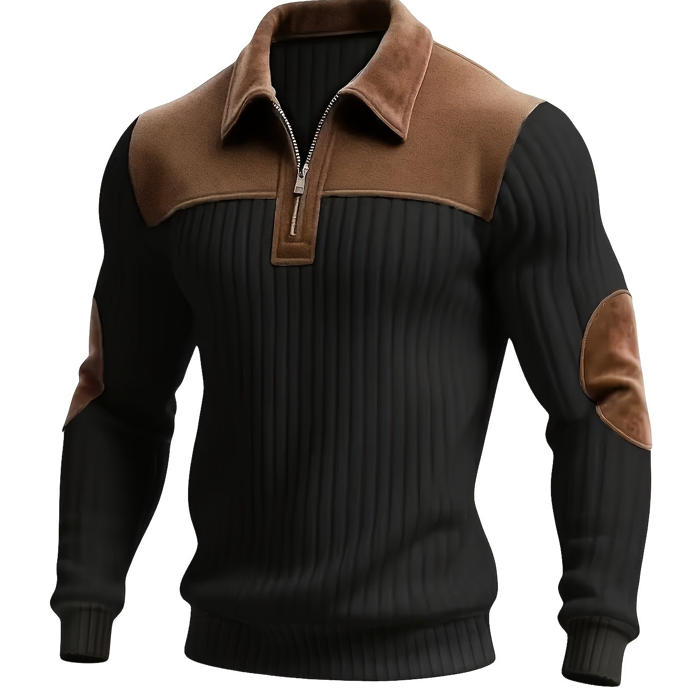 Pull homme côtelé col polo zippé empiècements contrastants coudes et épaules