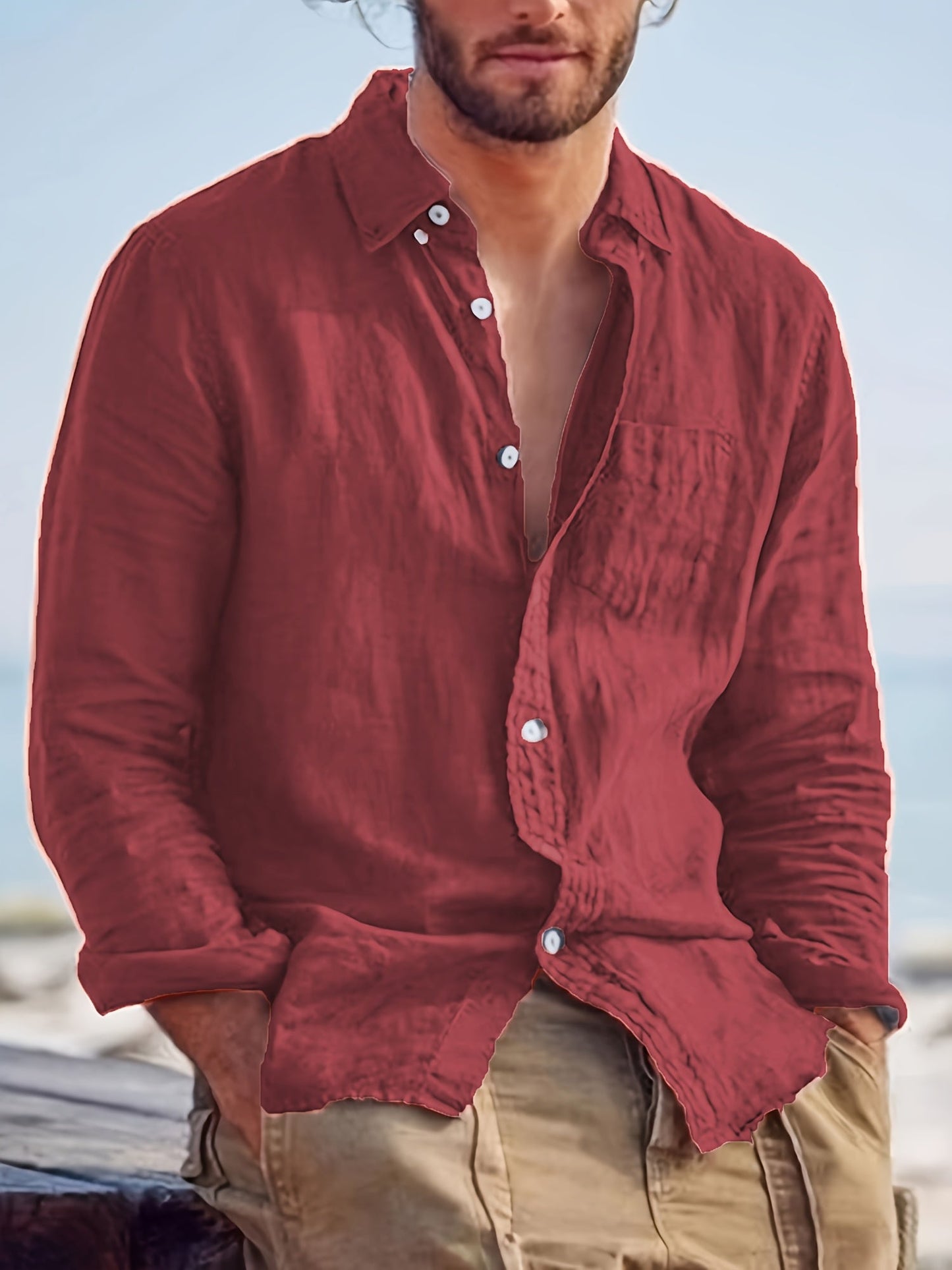 Chemise décontractée pour homme à manches longues style plage – Idéale pour sorties et vacances