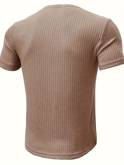 T-shirt Décontracté à Manches Courtes pour Homme Style Henley Boutonné Rayé