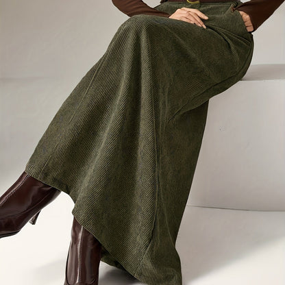 Jupe longue côtelée femme vert olive taille haute décontractée avec poches