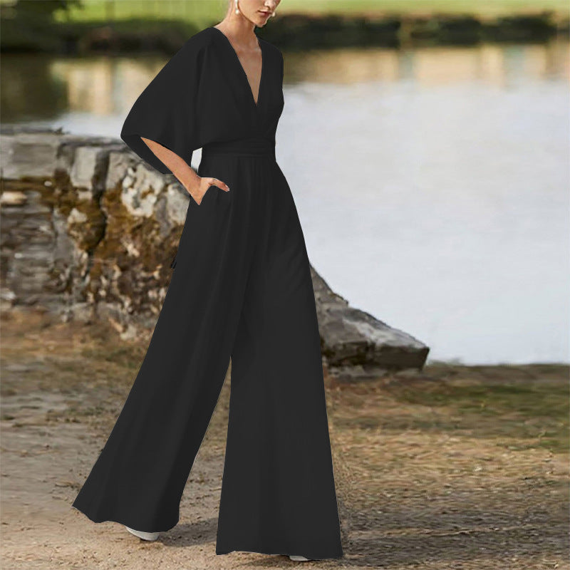 Sara – Salopette Donna Scollo a V Vita Alta Gambe Larghe