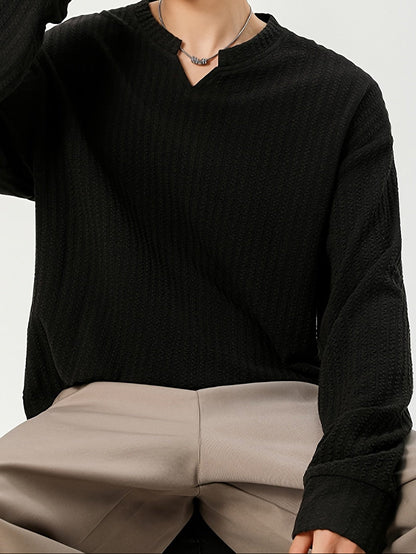 T-shirt Homme Manches Longues Texture Texturée Col V Doux Couleur Unie
