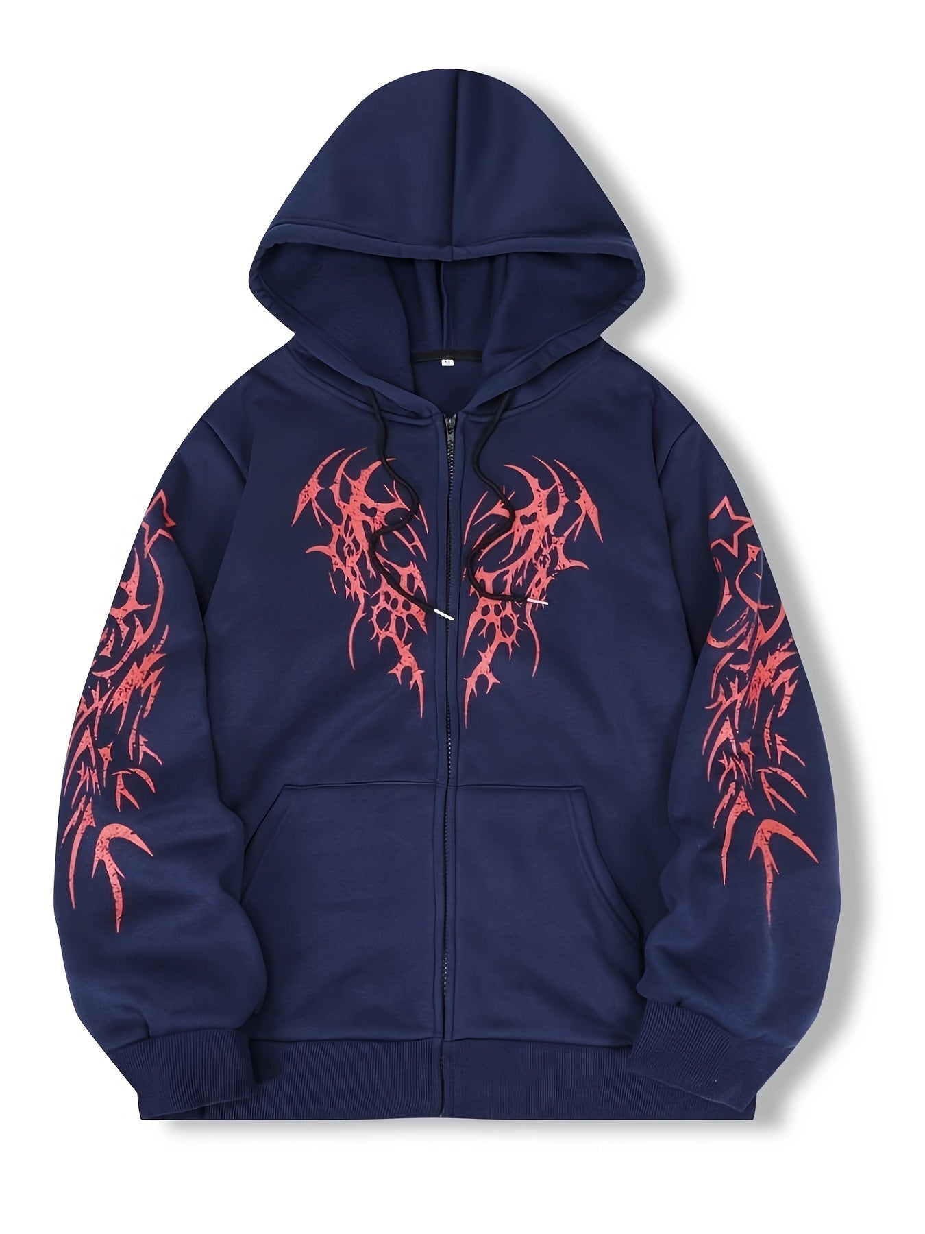 Sweat à capuche zippé noir avec motif tribal rouge manches longues
