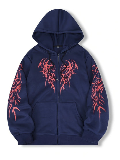 Sweat à capuche zippé noir avec motif tribal rouge manches longues