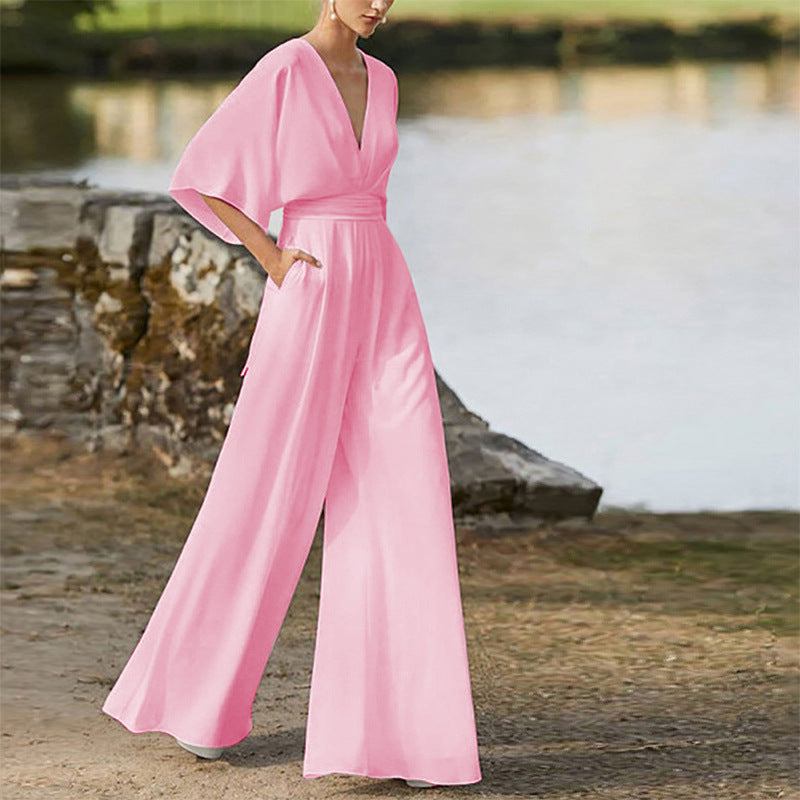 Sara – Salopette Donna Scollo a V Vita Alta Gambe Larghe