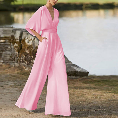 Sara – Salopette Donna Scollo a V Vita Alta Gambe Larghe
