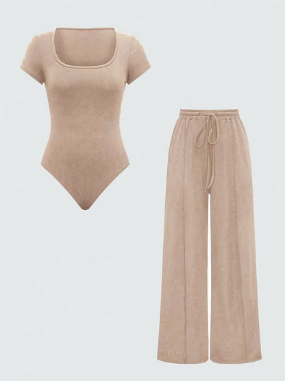 Ensemble Femme Body Col Carré et Pantalon Large Taille Haute Style Décontracté Printemps Été