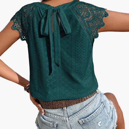 Damesblouse Boheemse Chic Stijl met Kantmouwen en Geknoopte Rug – Casual Zomermode