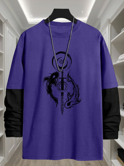 T-shirt Homme Manches Longues Bicolore Imprimé Dragon Épée