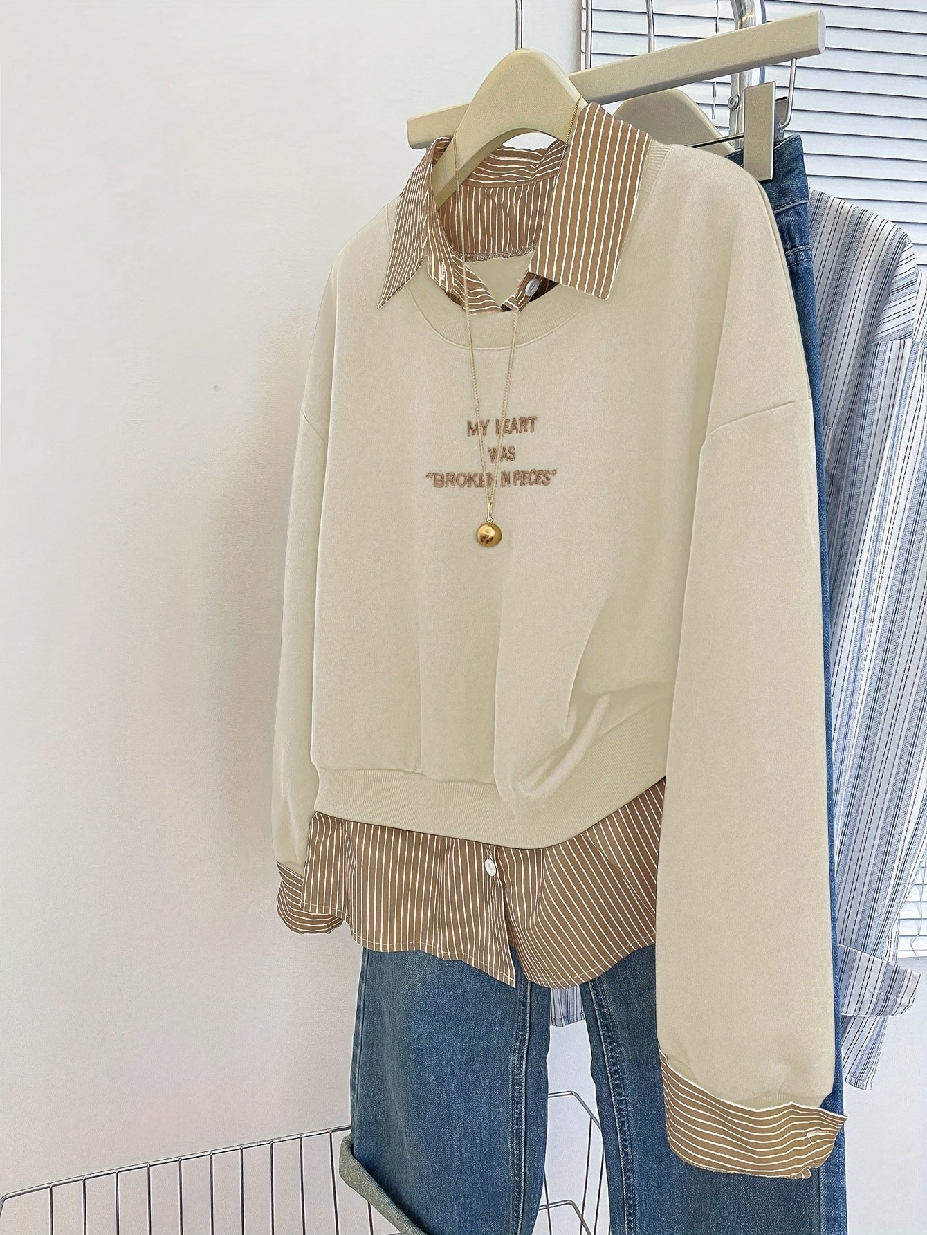Sweat-shirt Femme à Superposition Chemise Rayée Col Classique