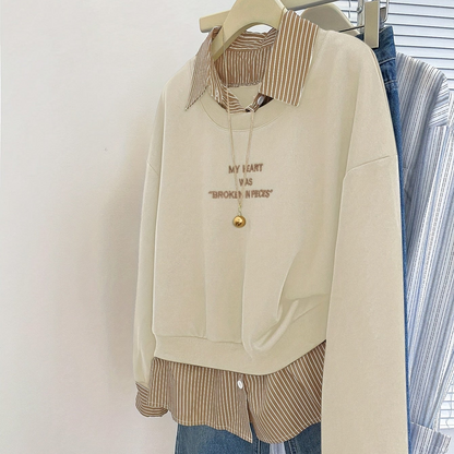 Sweat-shirt Femme à Superposition Chemise Rayée Col Classique