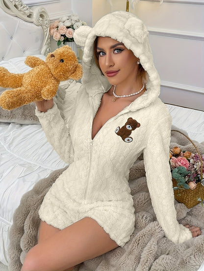 Grenouillère Peluche Femme à Capuche Ours Polaire Crème avec Broderie Ours Marron