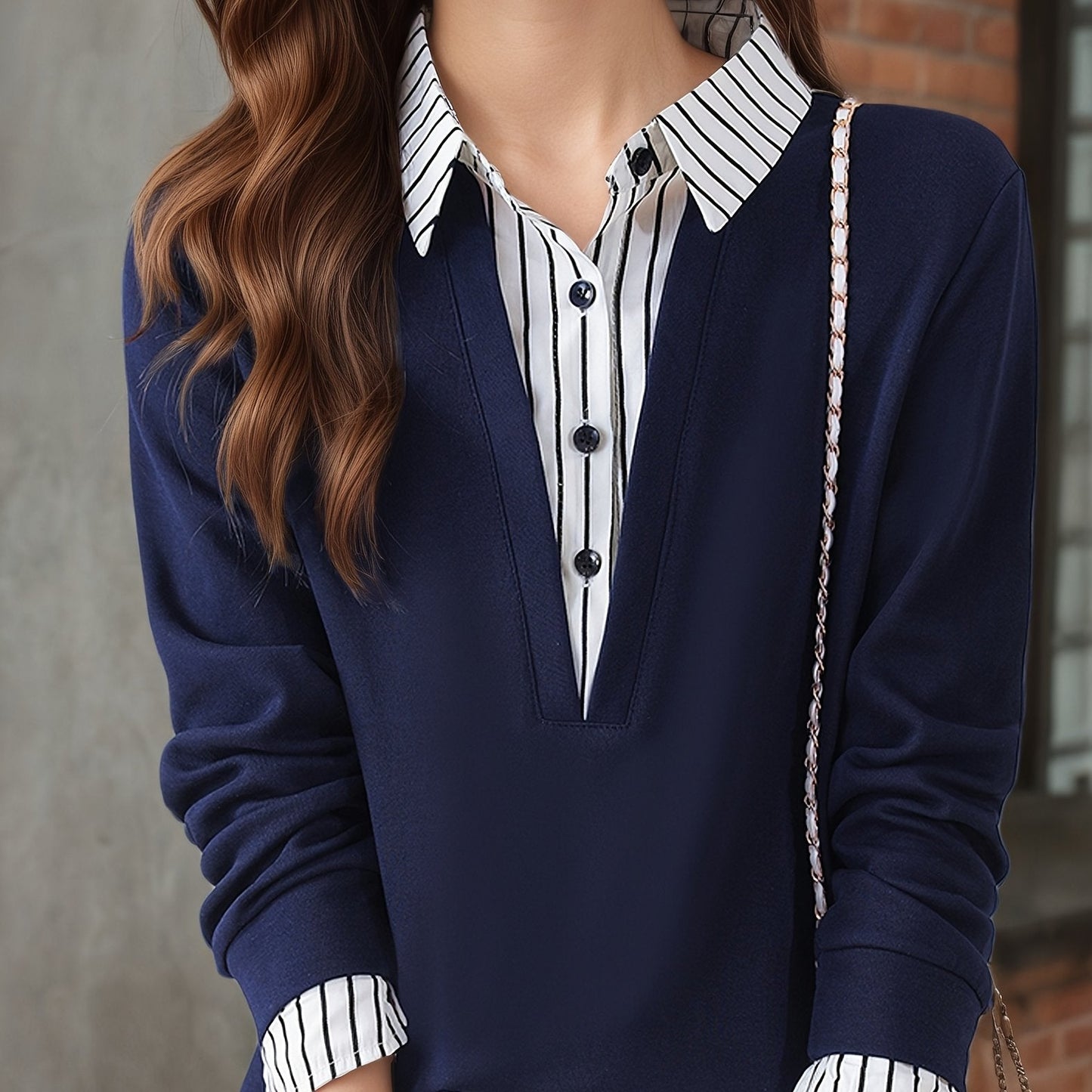 T-shirt Femme Col Chemise Rayé Manches Longues Faux Deux Pièces