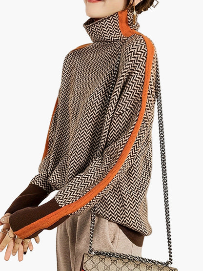 Maglione Invernale Donna Collo Alto Motivo Geometrico Stile Elegante Casual