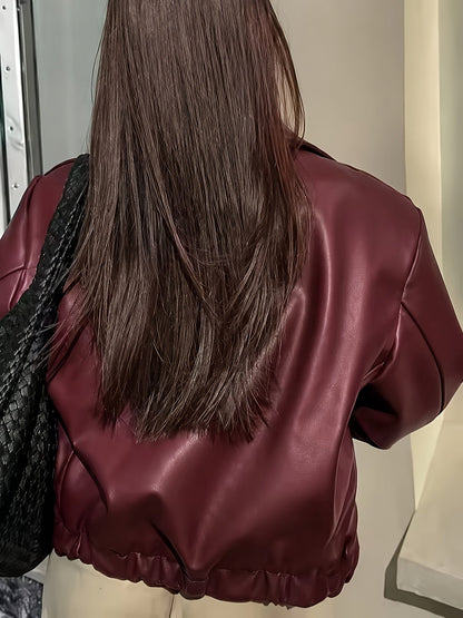 Veste courte bomber femme aspect cuir à fermeture éclair, col classique et ourlet côtelé