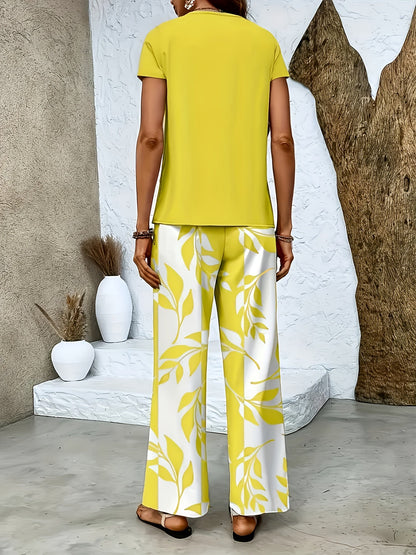 Ensemble élégant pour femme à manches courtes style décontracté chic avec pantalon large imprimé floral