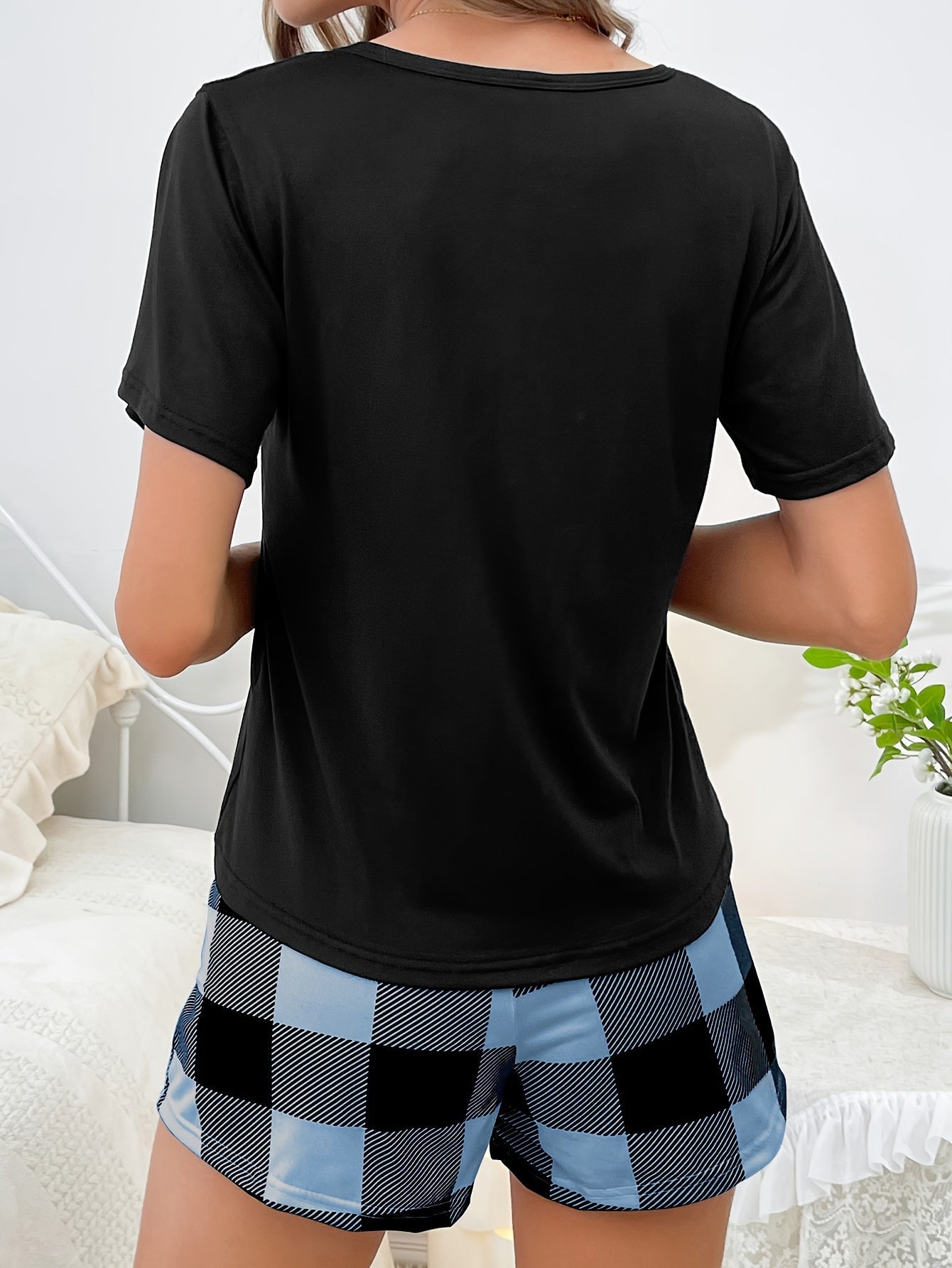 Pyjama d'été femme à carreaux style décontracté - Ensemble t-shirt et short pour la maison
