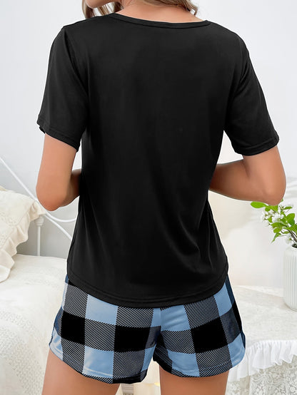 Pyjama d'été femme à carreaux style décontracté - Ensemble t-shirt et short pour la maison