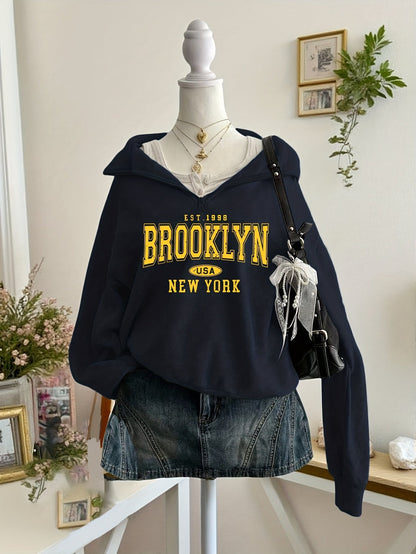 Sweat-shirt col zippé brodé Brooklyn à manches longues pour femme