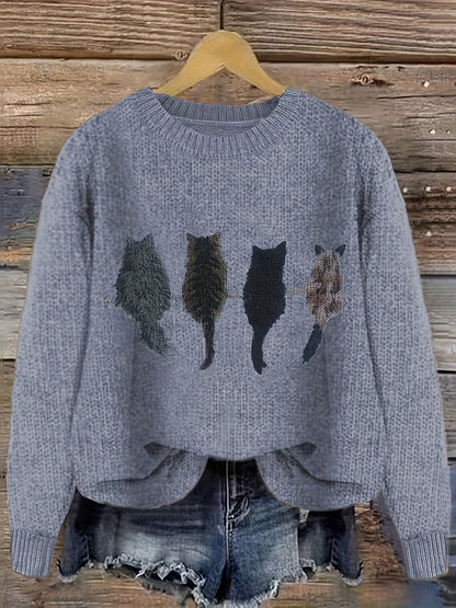Pull en maille femme col rond à motif chats manches longues