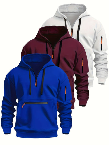 Sweat à Capuche Homme Zippé Mi-long avec Poche Kangourou et Manches Zippées