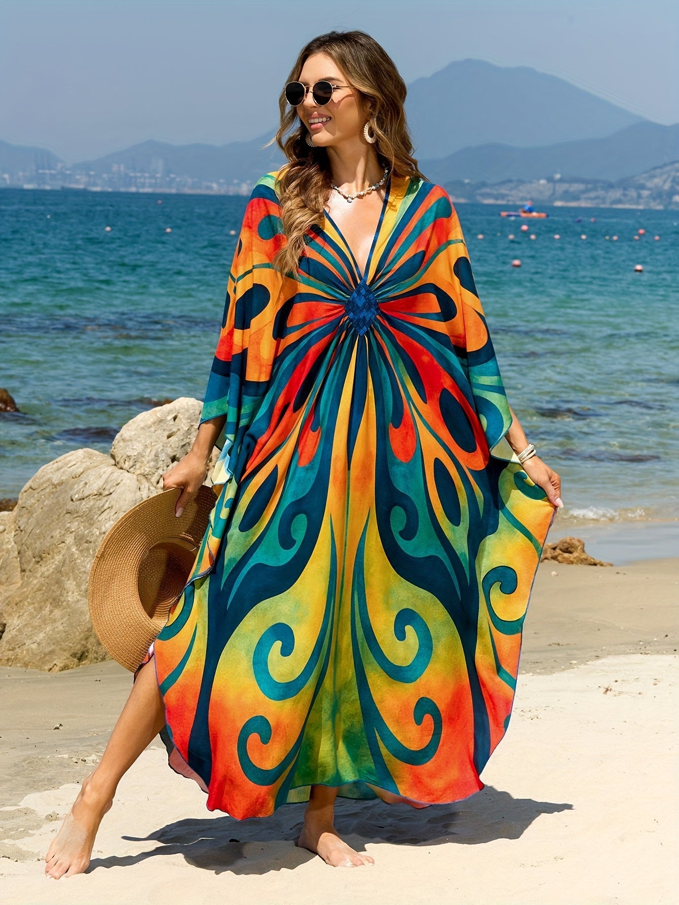 Lang caftan til kvinder i boheme-stil til strand og ferie