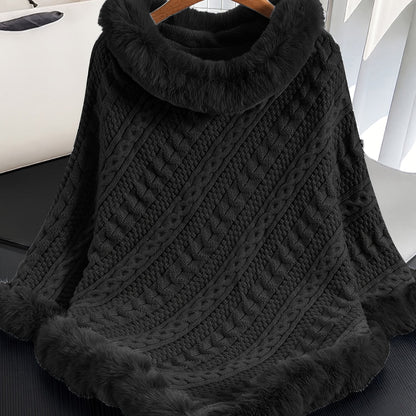 Poncho Femme Tricoté Bleu Marine avec Col et Bordure en Fourrure Synthétique
