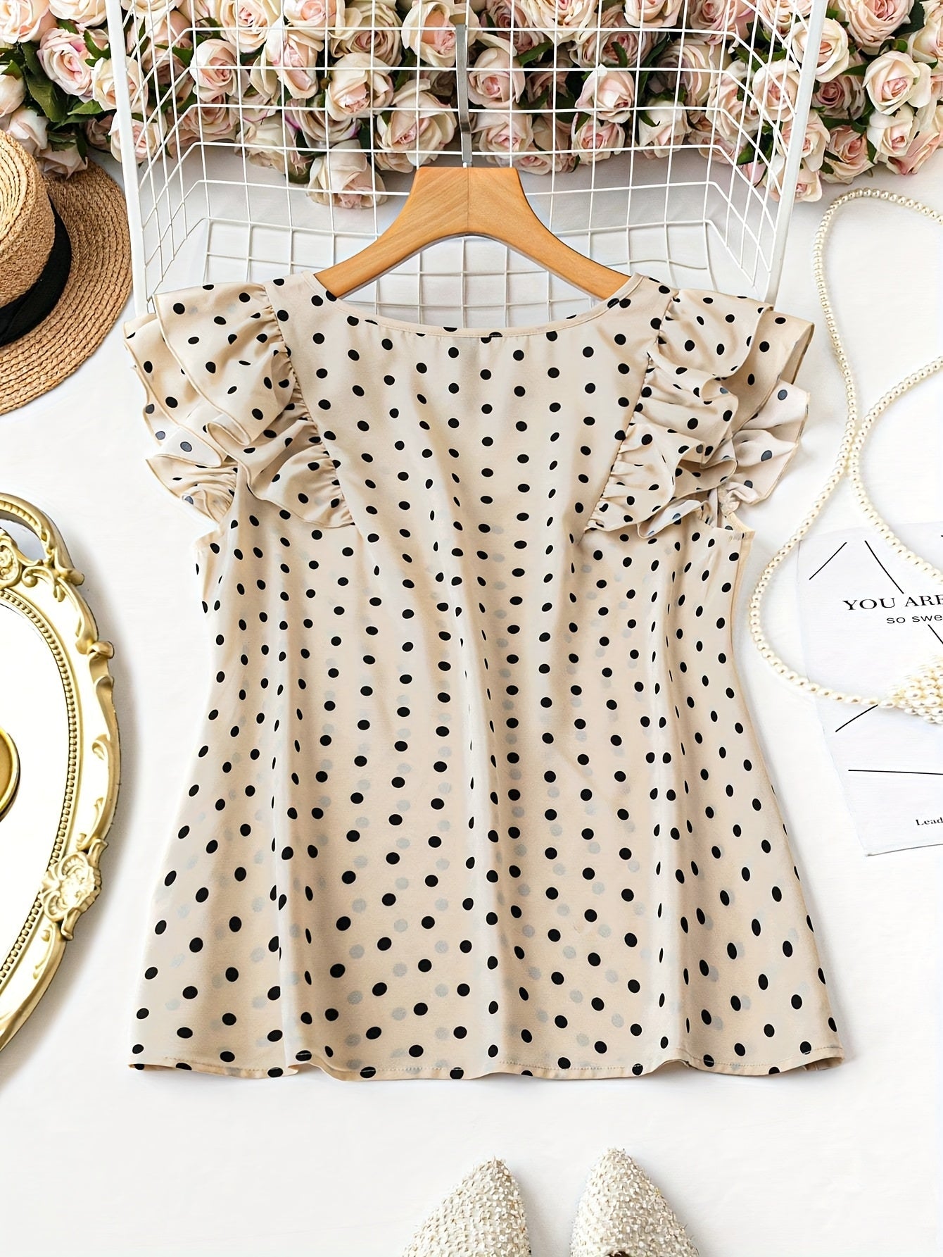 Women's polka dot blouse with elegant style, ruffled sleeves, V-neck for office and outings