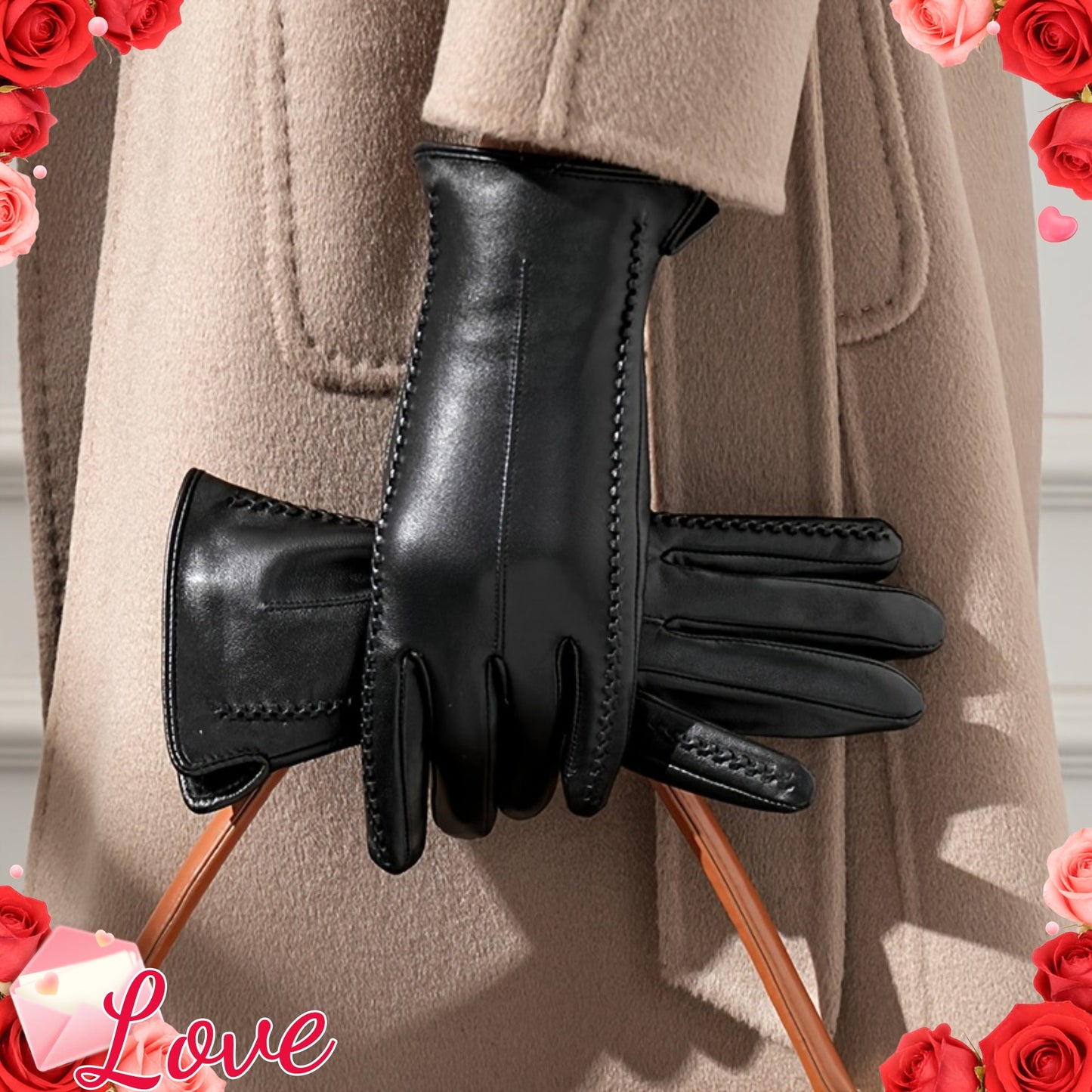 Gants noirs souples avec coutures décoratives pour femme