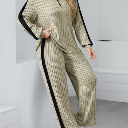 Ensemble côtelé Femme col zippé rayures latérales contrastantes