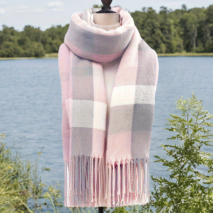 Écharpe douce à carreaux motif plaid avec franges - Rose et gris