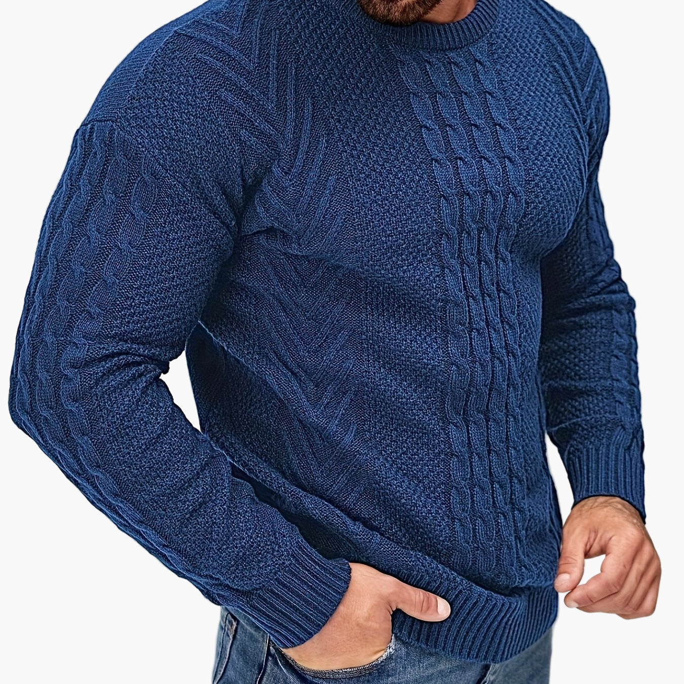 Jersey de punto trenzado para hombre estilo urbano casual – Mangas largas, elegante otoño/invierno