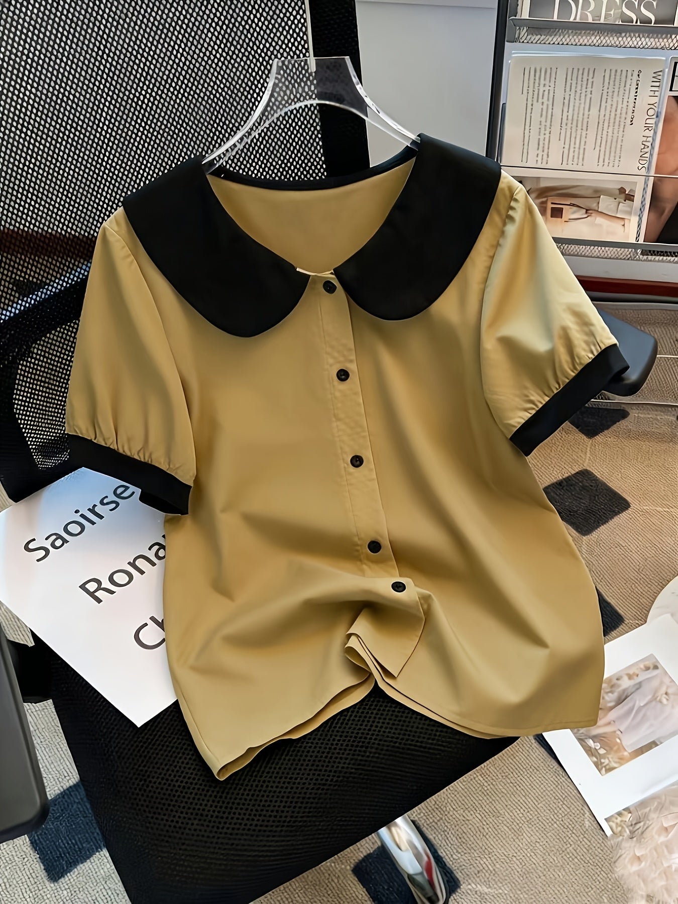 Blusa elegante para mujer con cuello Claudine estilo retro, mangas cortas, ideal para la oficina o salidas