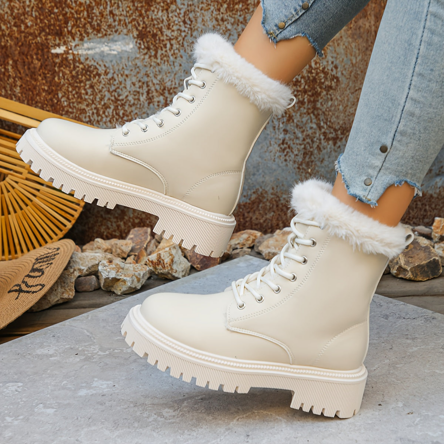 Bottes chunky fourrées à lacets pour femme