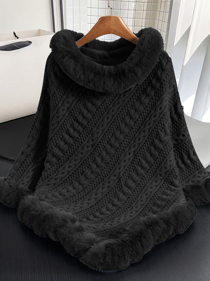 Poncho Femme Tricoté Bleu Marine avec Col et Bordure en Fourrure Synthétique