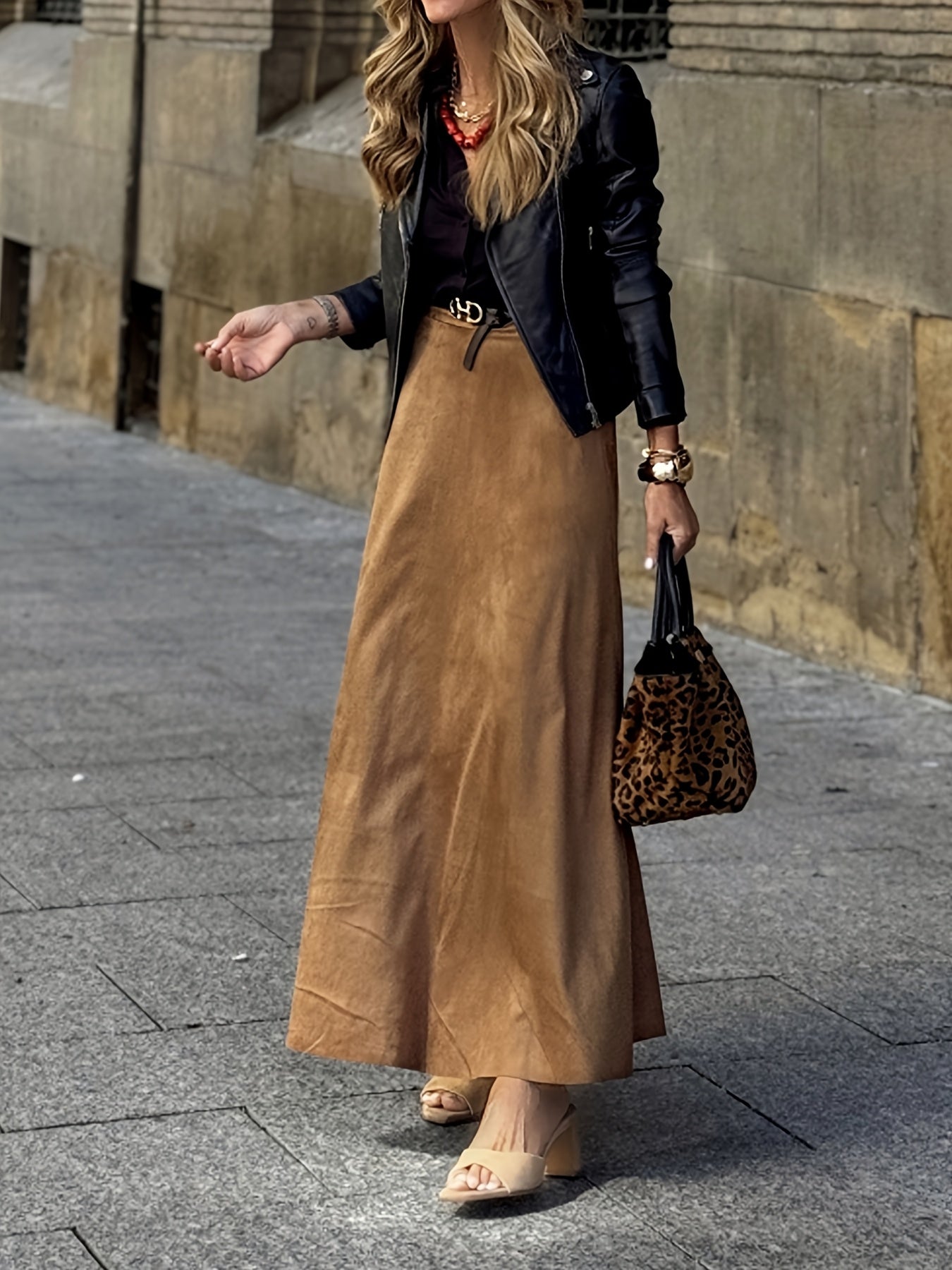 Jupe longue évasée camel style daim pour femme