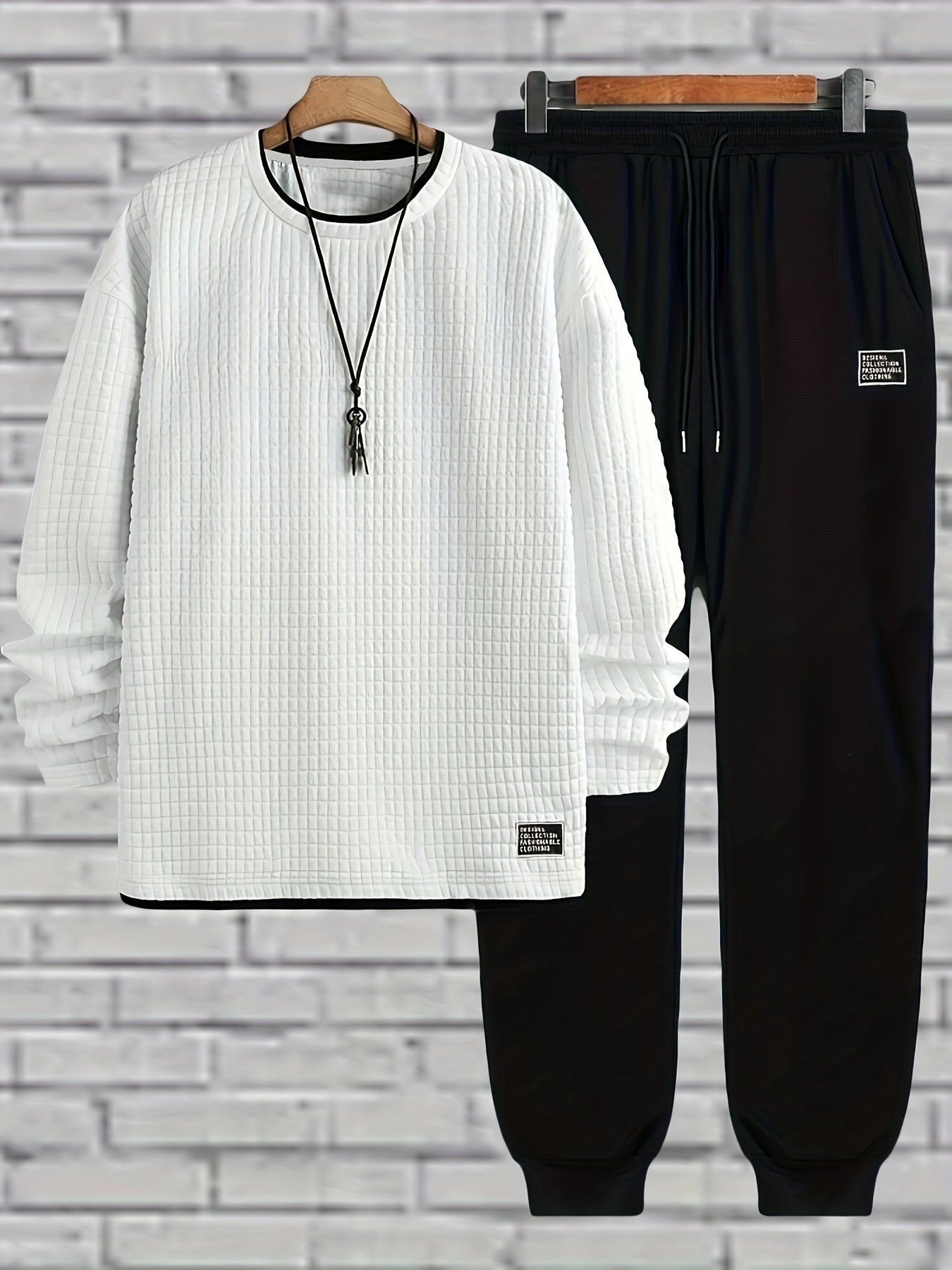 Ensemble Homme Pull Col Rond Texturé Blanc et Pantalon de Jogging Noir