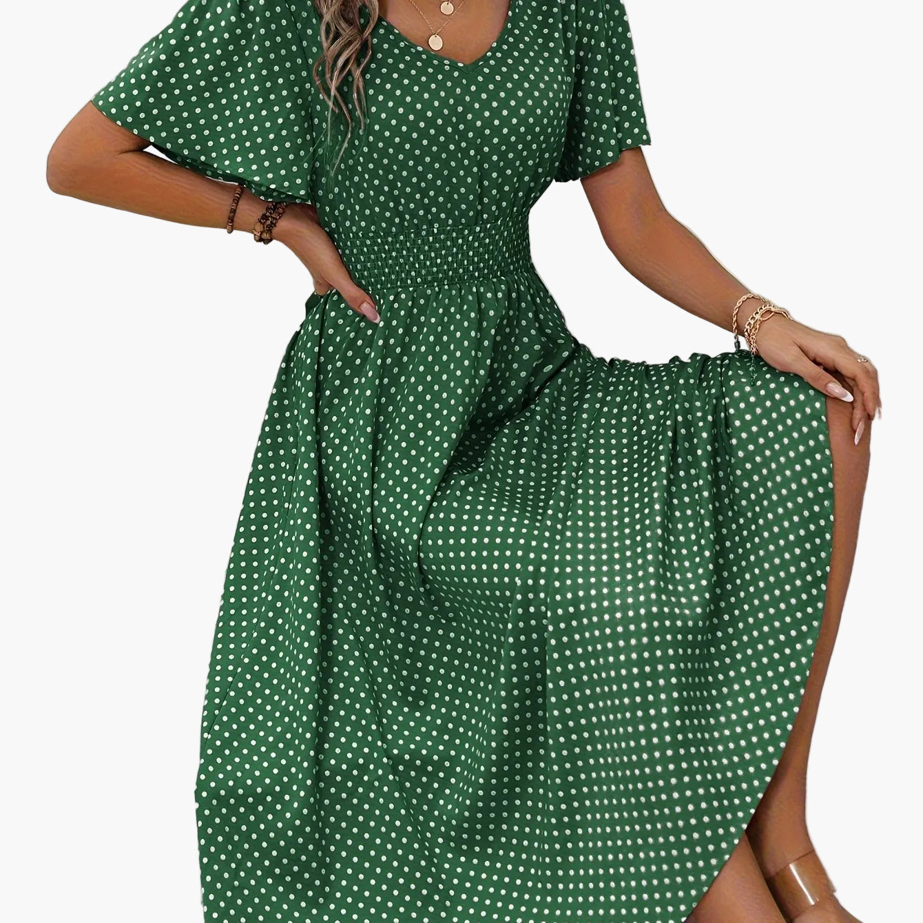 Elegancka sukienka damska w groszki, styl casual na wiosnę/lato