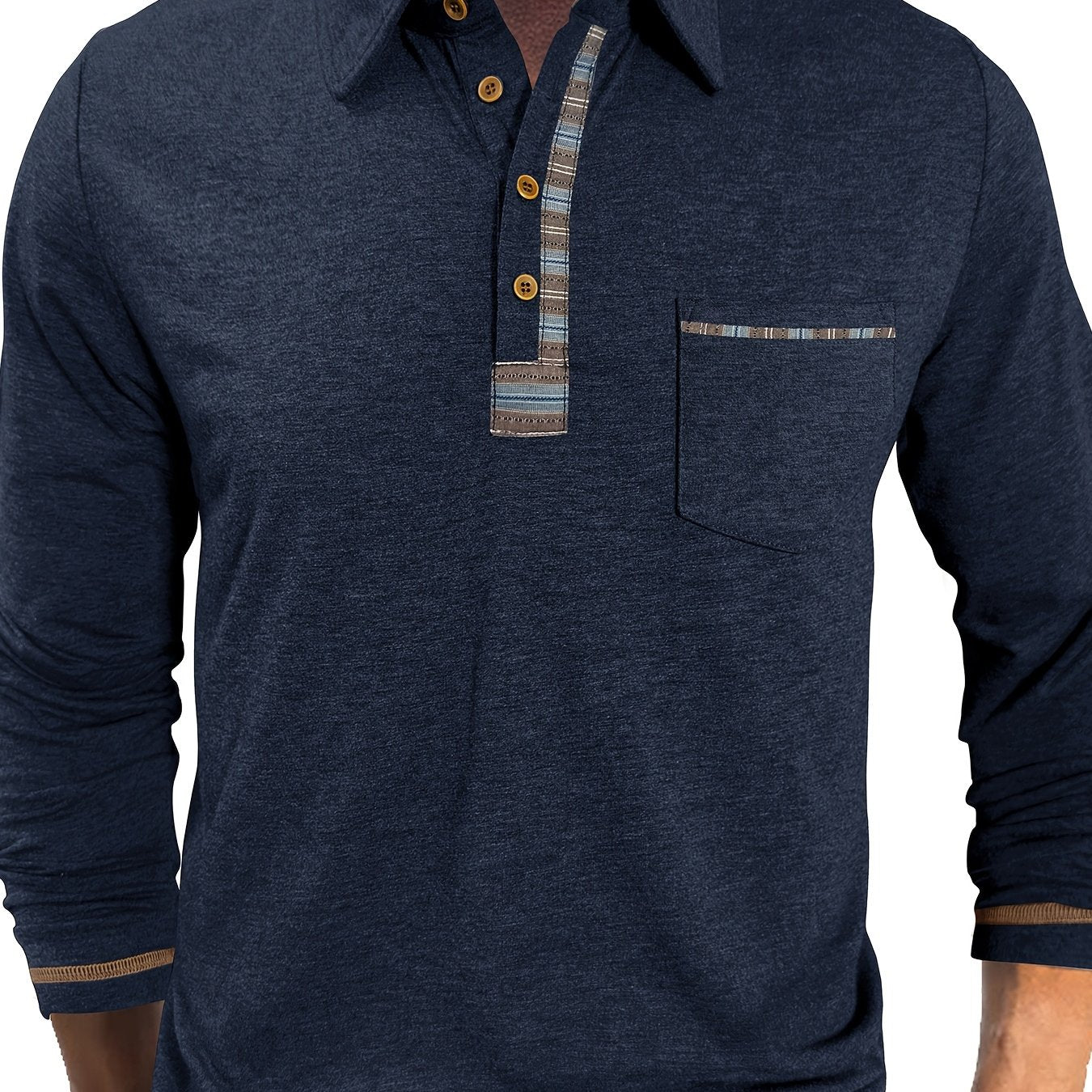 Polo Homme Manches Longues Détails Ethniques Boutons Beige