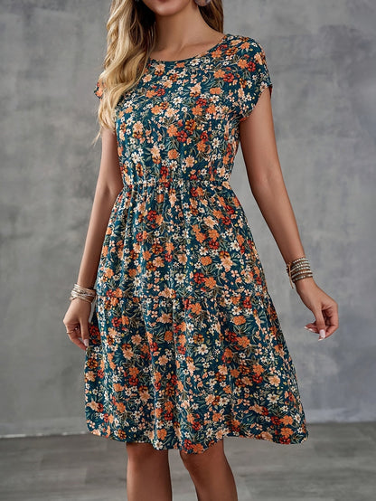 Abito floreale casual da donna stile vacanze con maniche corte