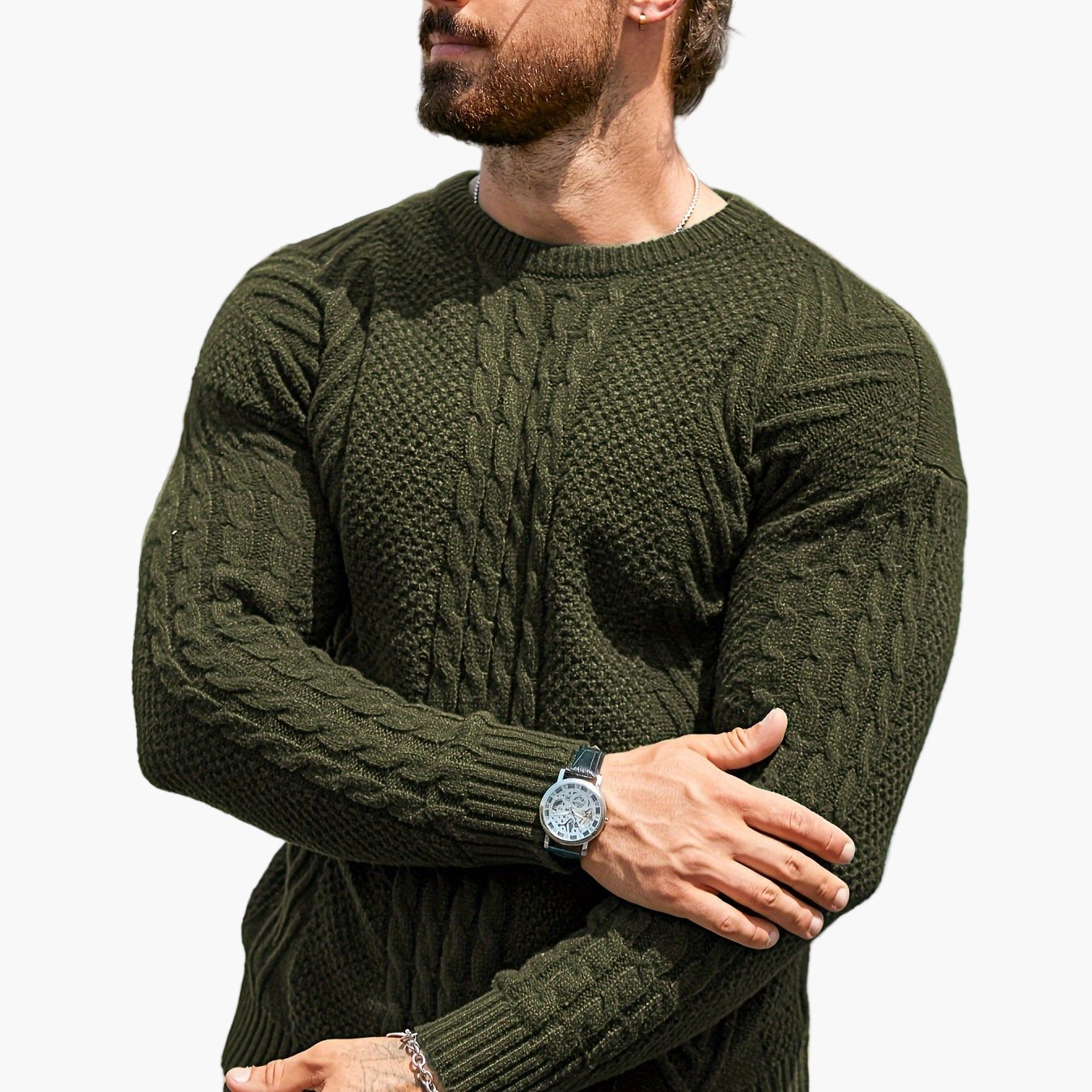 Jersey de punto trenzado para hombre estilo urbano casual – Mangas largas, elegante otoño/invierno