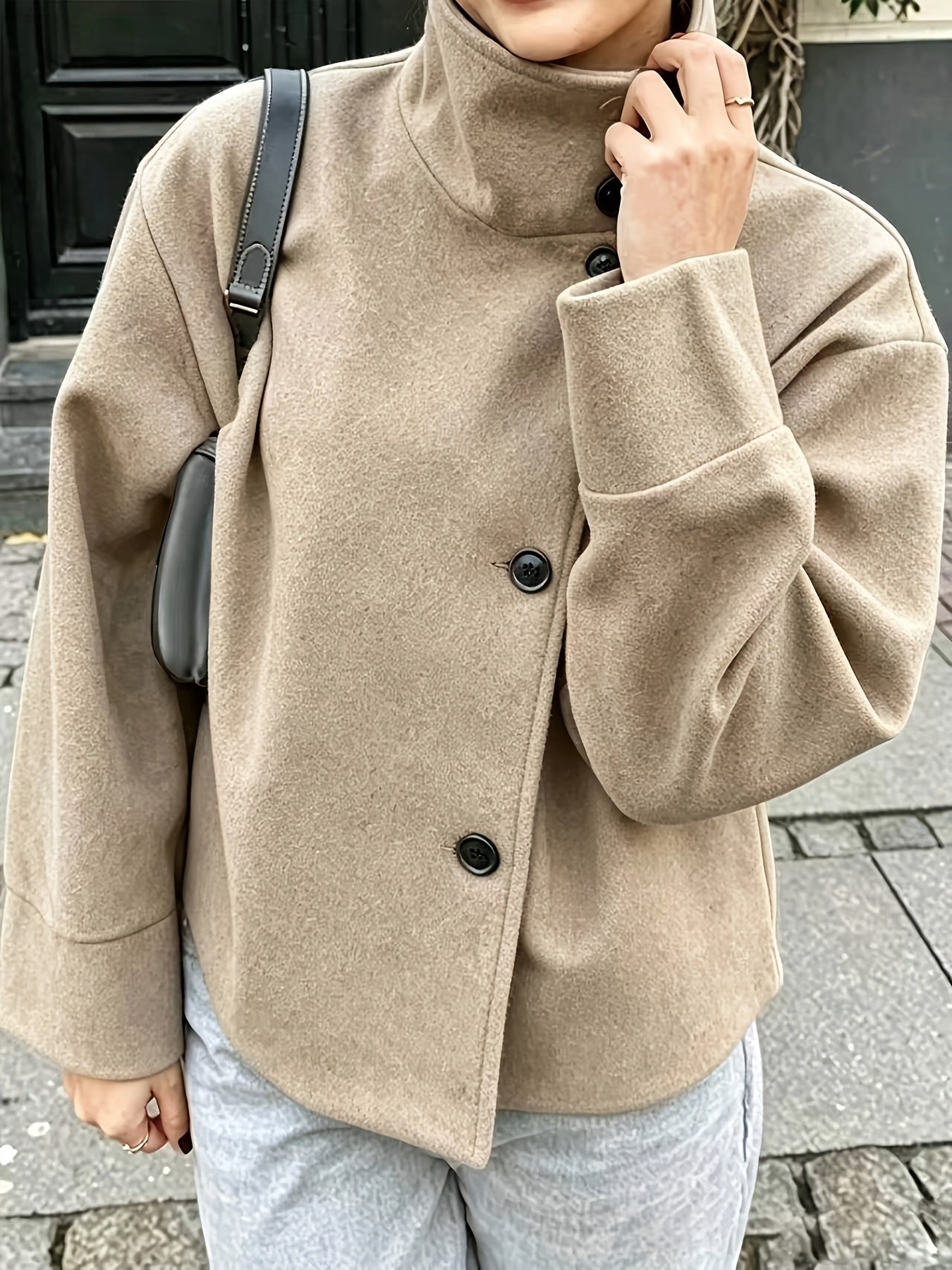 Veste courte femme col montant boutonnée décontractée couleur unie